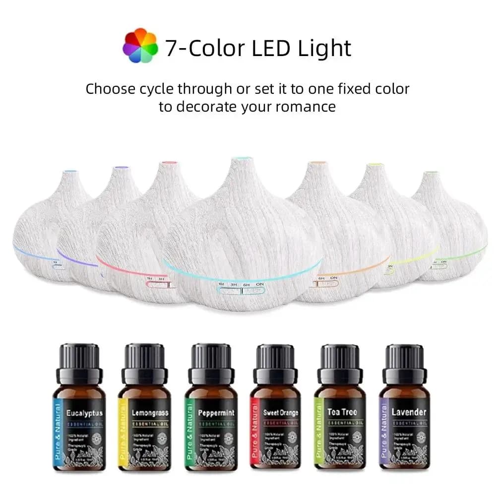 Complete Aromatherapy Kit 550ml Wood Grain Ultrasonic Diffuser with Remote 6 Top Rated Essential Oils