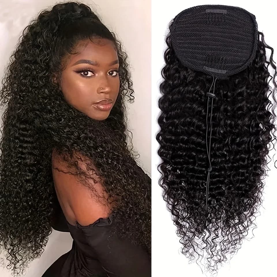 Deep Water Wave Drawstring Ponytail 100% Real Human Hair Natural Black #1B Brazilian Remy Curly Ponytail 100g Clip In Extensions