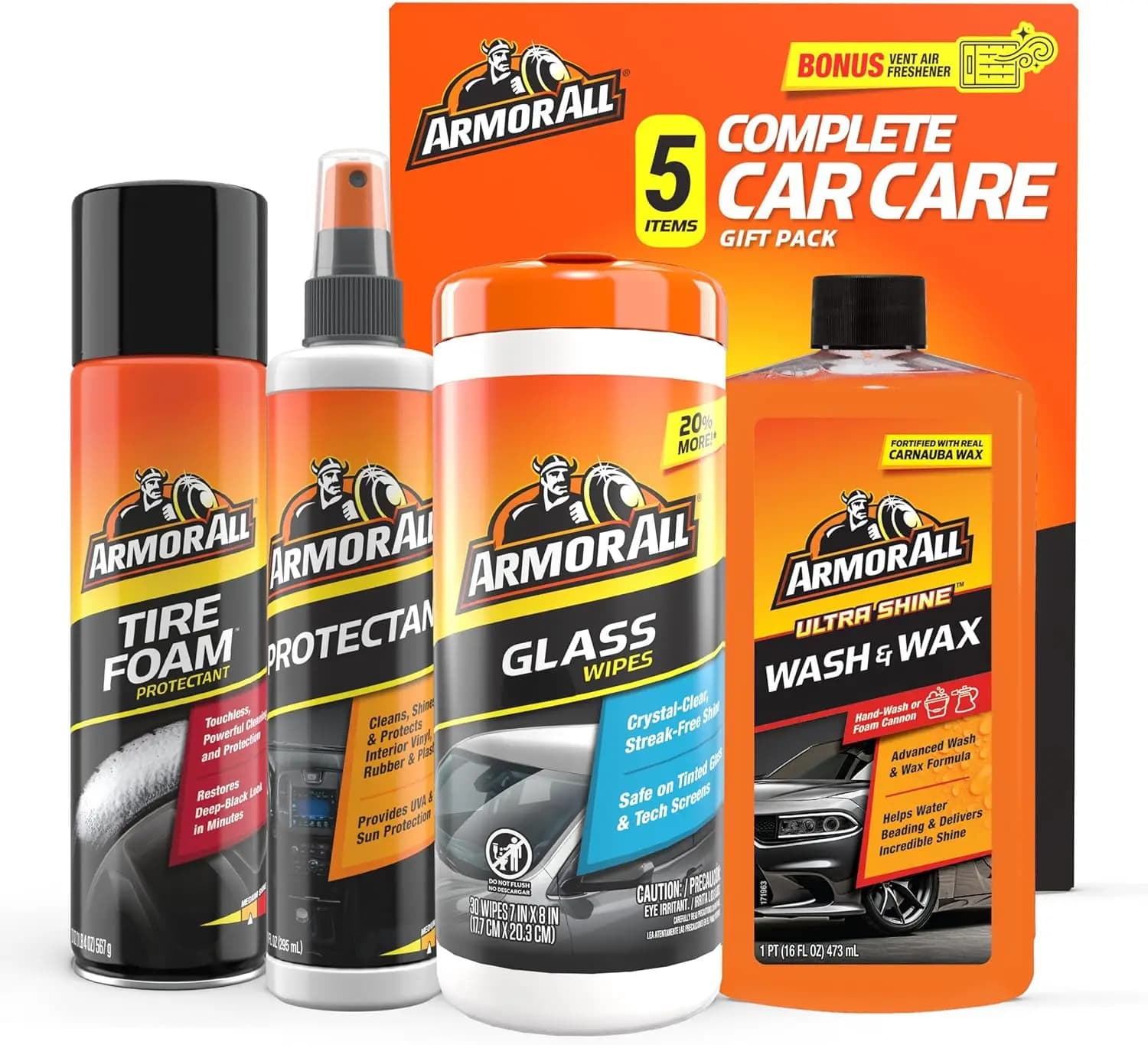 Kit Completo per Lavaggio Auto con Panni per Vetri, Cera Concentrata, Spray Protettivo e Schiuma per Pneumatici per la Cura Definitiva del Veicolo