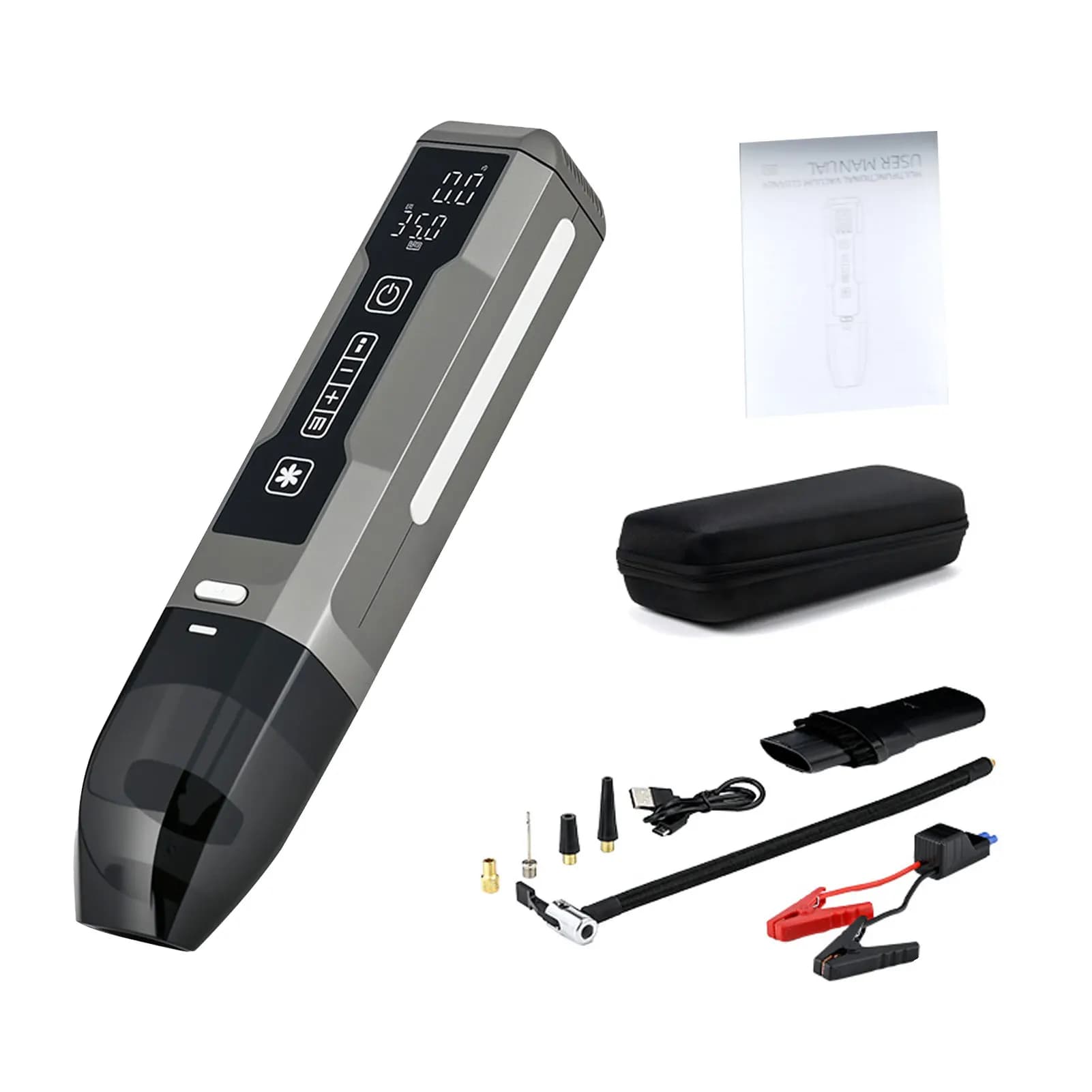 Air pump for cars with emergency starter, vacuum cleaner, tire inflator, LED light, pressure gauge for cars, motorcycle, bike, with EVA bag