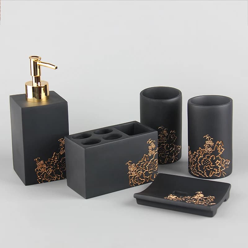 Kit in resina con motivo in marmo Set da bagno nordico Accessori per il bagno Portaspazzolino Dispenser di sapone Portasapone Vassoio da bagno