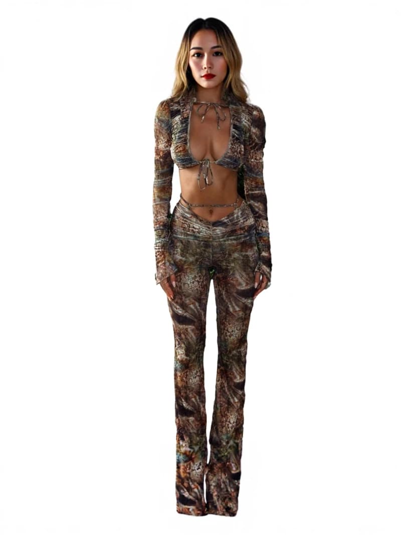 Elegante LADY Camo stampato Lace Up 2 pezzi Set donna manica lunga Crop Top e pantaloni Set 2026 Autunno Sexy Club Party Outfits