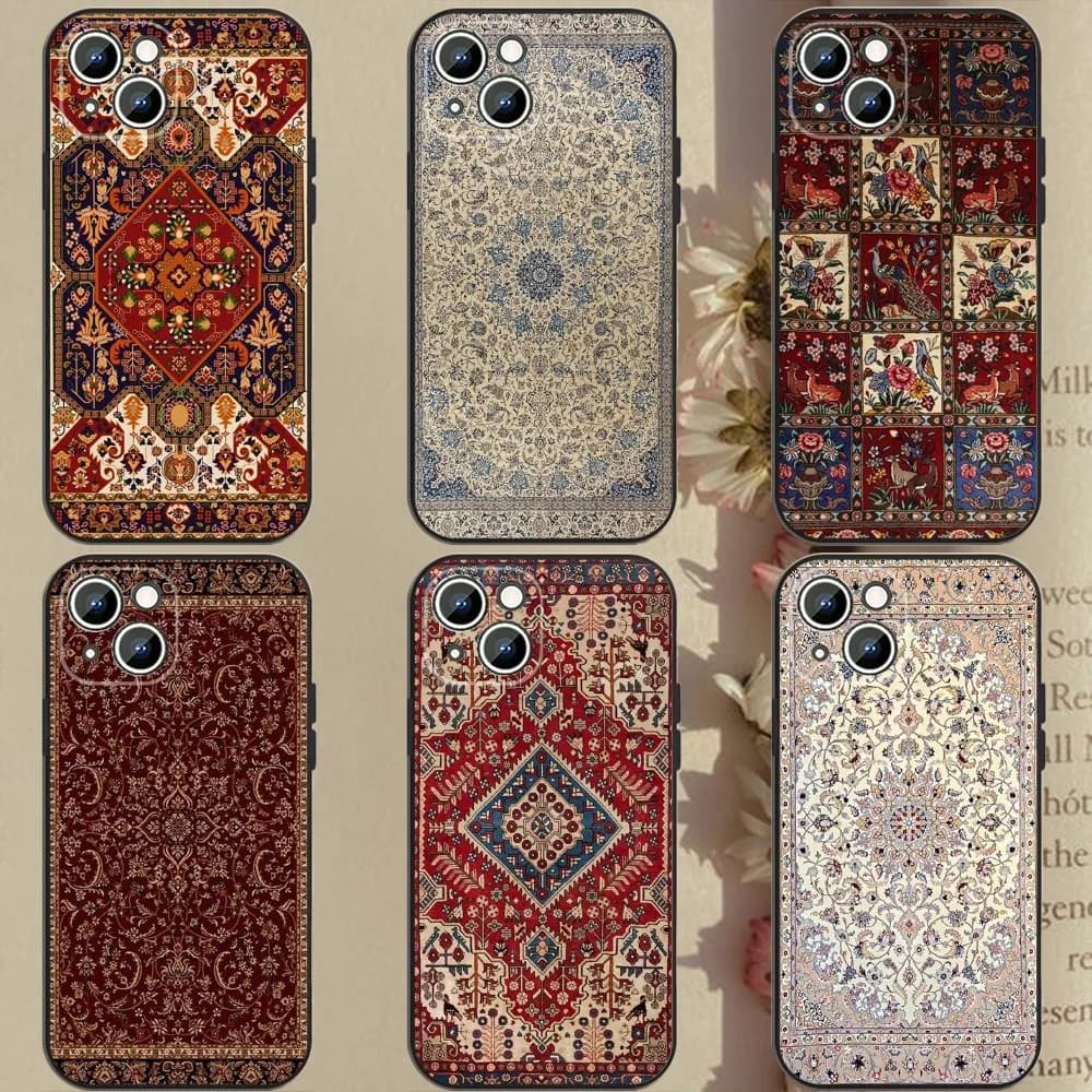 Custodia per telefono con motivo floreale con tappeto persiano per Apple iPhone 15,14,13,12,11, XS, XR, X, 8,7, Pro, Max, Plus, mini cover nera in silicone