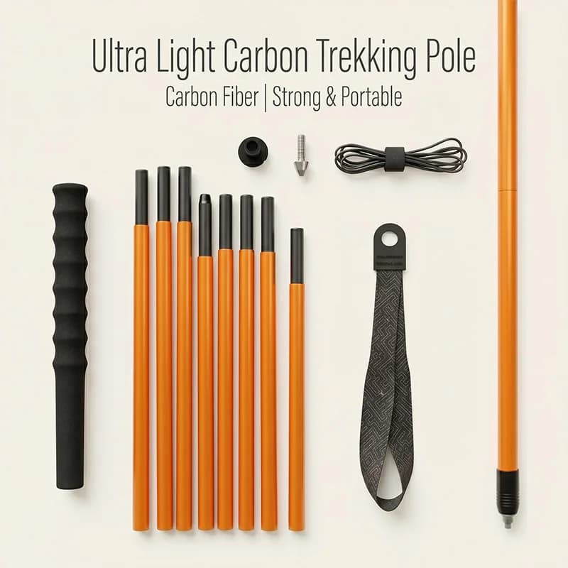 2 ultra-light carbon fiber hiking poles, orange carbon fiber mountain poles, quick-locking 5-fold poles