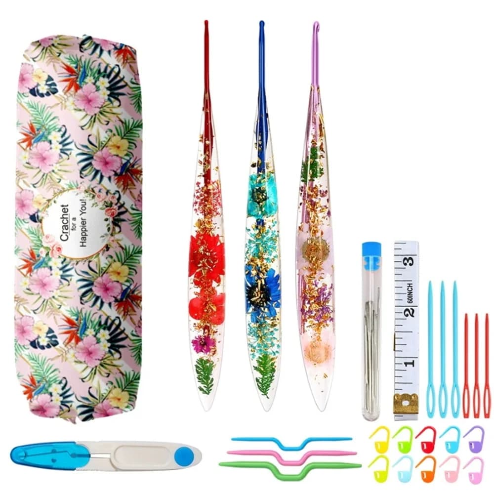 Resin Flower-Patterned Crochet Hooks Set With Strorage Bag 2.0/2.5/3.0mm Crochet Needles Set DIY Knitting Sewing Weaving Tool