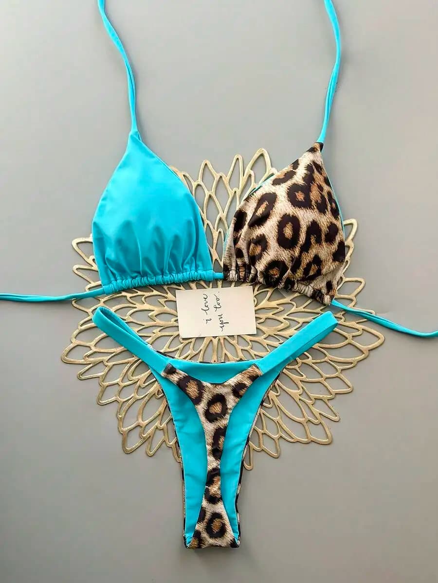 Set bikini triangolare da donna con stampa leopardata blu, slip a vita alta, costume da bagno estivo da spiaggia