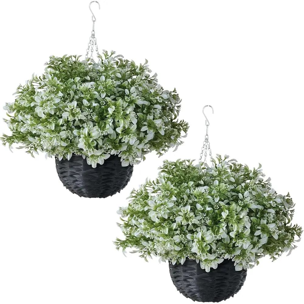 2 artificial plants hanging in shell with UV-resistant eucalyptus leaves for porch, patio or interior decoration (Bianco-Verde)