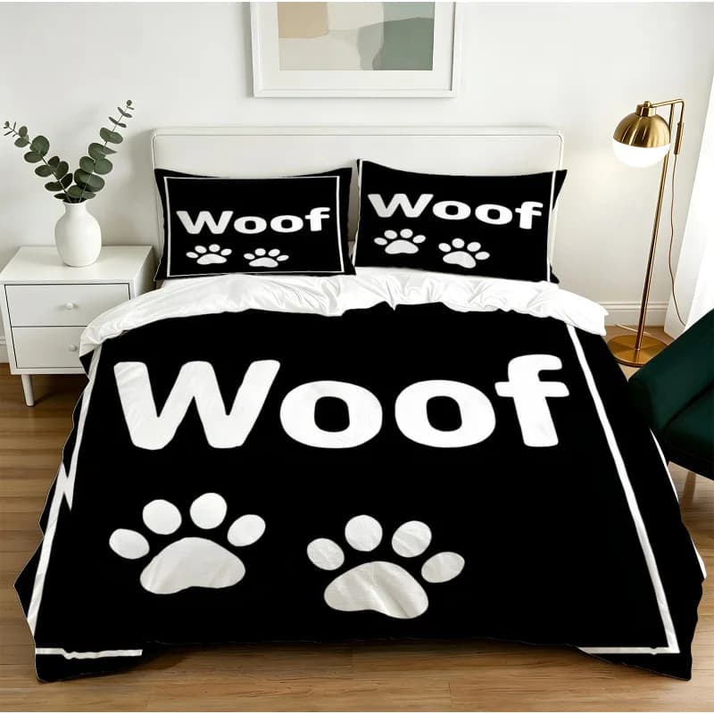 Set copripiumino con stampa Woof Paw, tessuto morbido, grazioso set biancheria da letto senza imbottitura, design minimalista bianco e nero per le camere degli amanti degli animali domestici