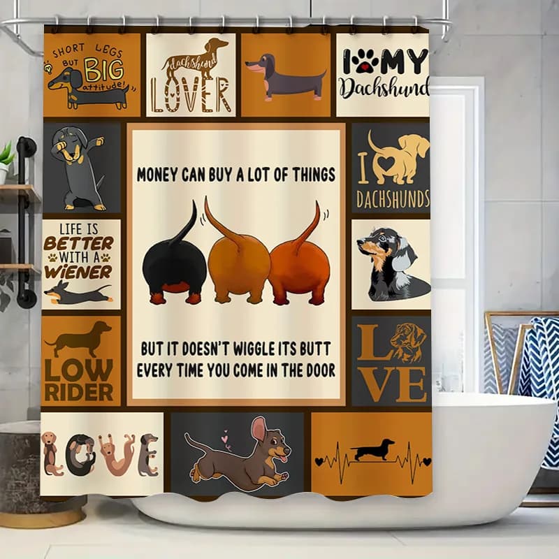 Decora il tuo bagno con un simpatico bassotto, un set di design Love My Dog Low Rider include tasca per asta per tenda da doccia +