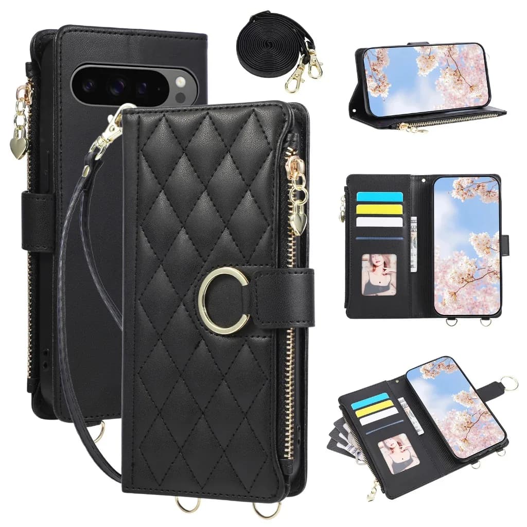 Custodia a portafoglio trapuntata con cerniera per Google Pixel 10 Pro XL 9A 8A 7A 6A 9 8 7 6, con tracolla e porta carte in pelle