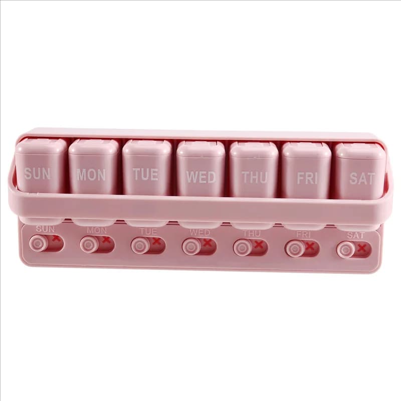 PZHI-Organizer weekly for pills - Portable, for one pill per day, for vitamins, fish oil/integrators, memo for drugs, pink