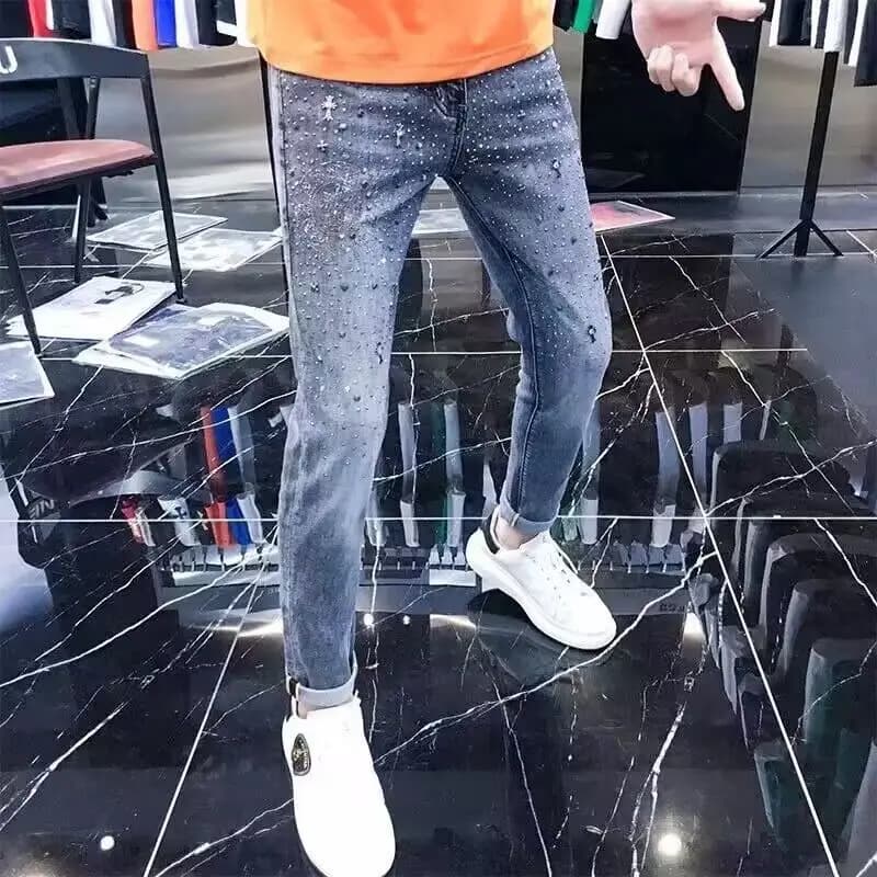 Spring Autumn 2025 High Quality Rhinestones Luxury Clothing Jeans Men's Brand Streetwear Slim Pants Young Fashion Cowboy Pants