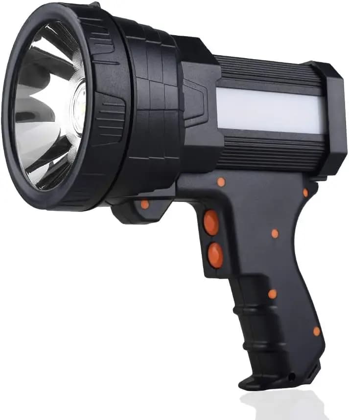 Super bright rechargeable LED headlight with flood light, tripod, long life battery for camping and outdoor use