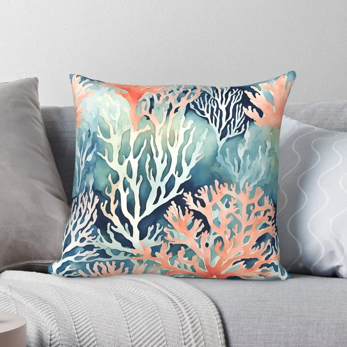 Navy Blue Teal Coral Coastal Square Pillowcase Polyester Linen Velvet Printed Zip Decorative Sofa Seater Cushion Cover 18"