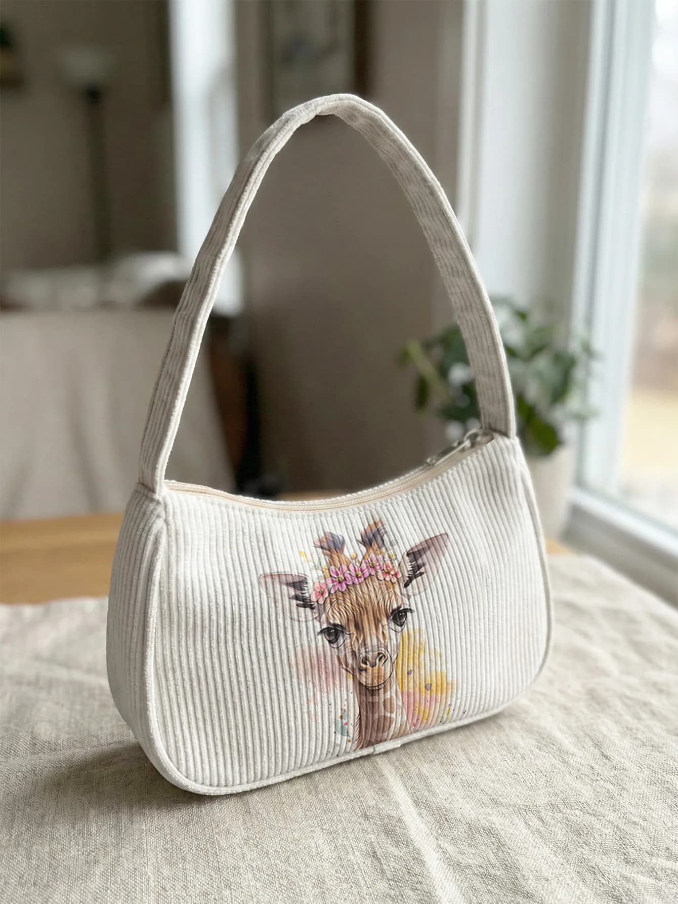Borsa a tracolla trendy con stampa giraffa e corona di fiori, borsa sottobraccio in velluto a coste stile boho