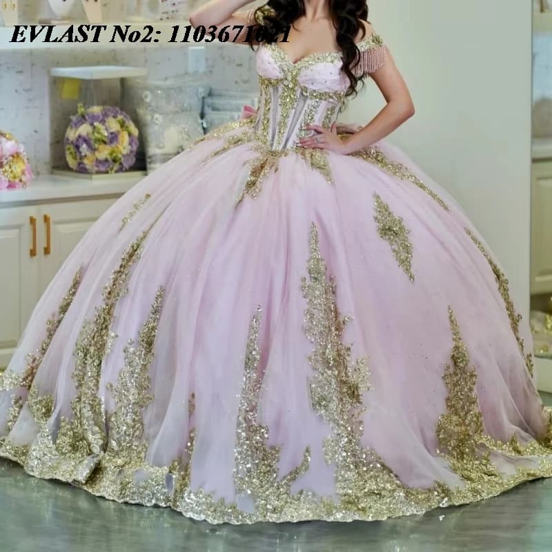 EVLAST Personalizzato Principessa Rosa Abito Quinceanera Abito di Sfera Oro Applique di Pizzo Che Borda Arco Dolce 16 Abiti Da 15 Anos E2Q20