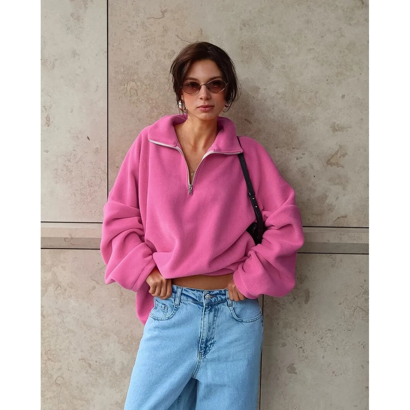 Pink Lamb Wool Hoodie Long Sleeve Casual Lapel Sweatshirt Women's Fashion Autumn 2026 No Brand Other Material 100%