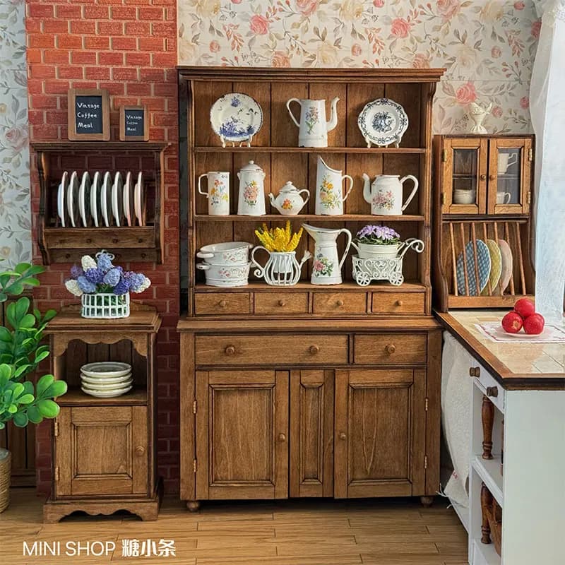 1:6 Wood Vintage Sideboard Cabinet Plate Rack Dollhouse Kitchen Miniatures Furniture Accessories Bjd Gsc Blyth Soldier Lol Props