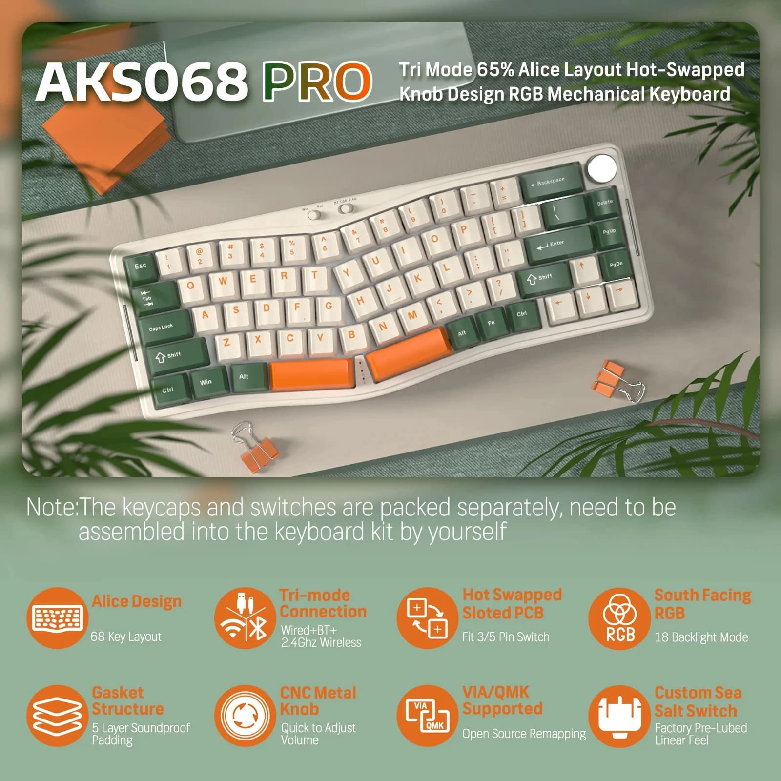 ATTACK SHARK x AJAZZ AKS068 PRO Alice Tastiera meccanica wireless 60% Alice Layout Tastiera meccanica wireless, VIA-Programmab