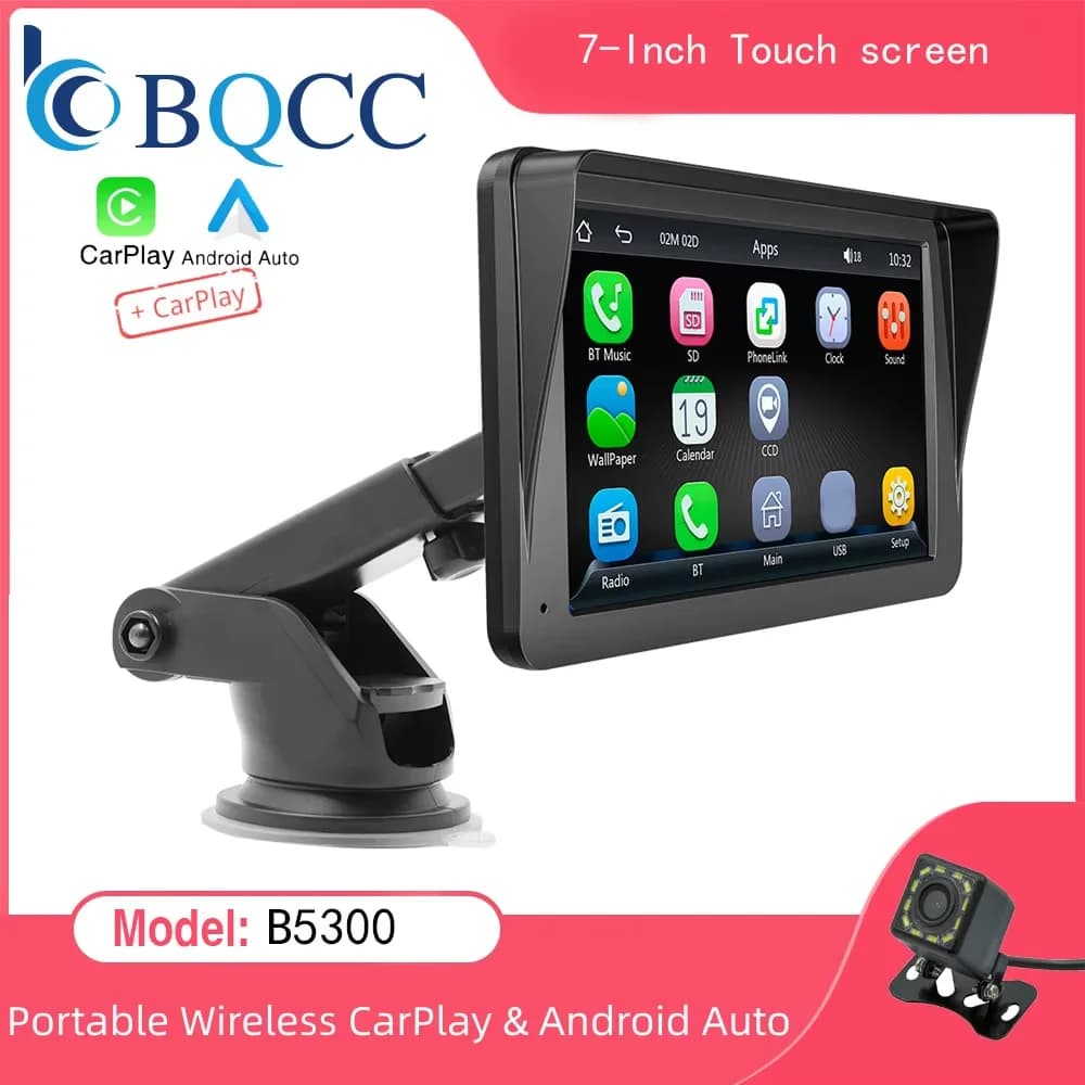 BQCC 7 pollici Autoradio Lettore video multimediale Wireless Carplay e Wireless Android Auto Touch Screen Visiera parasole 5300