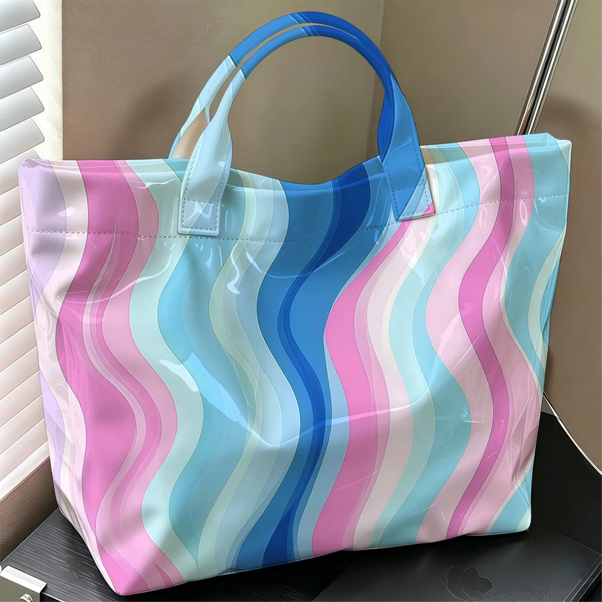 Blue Pink Wave Hot Sale Large Glossy PVC Tote Bag Hand Washable Waterproof Great for Travel Commute Makeup Storage Handbags
