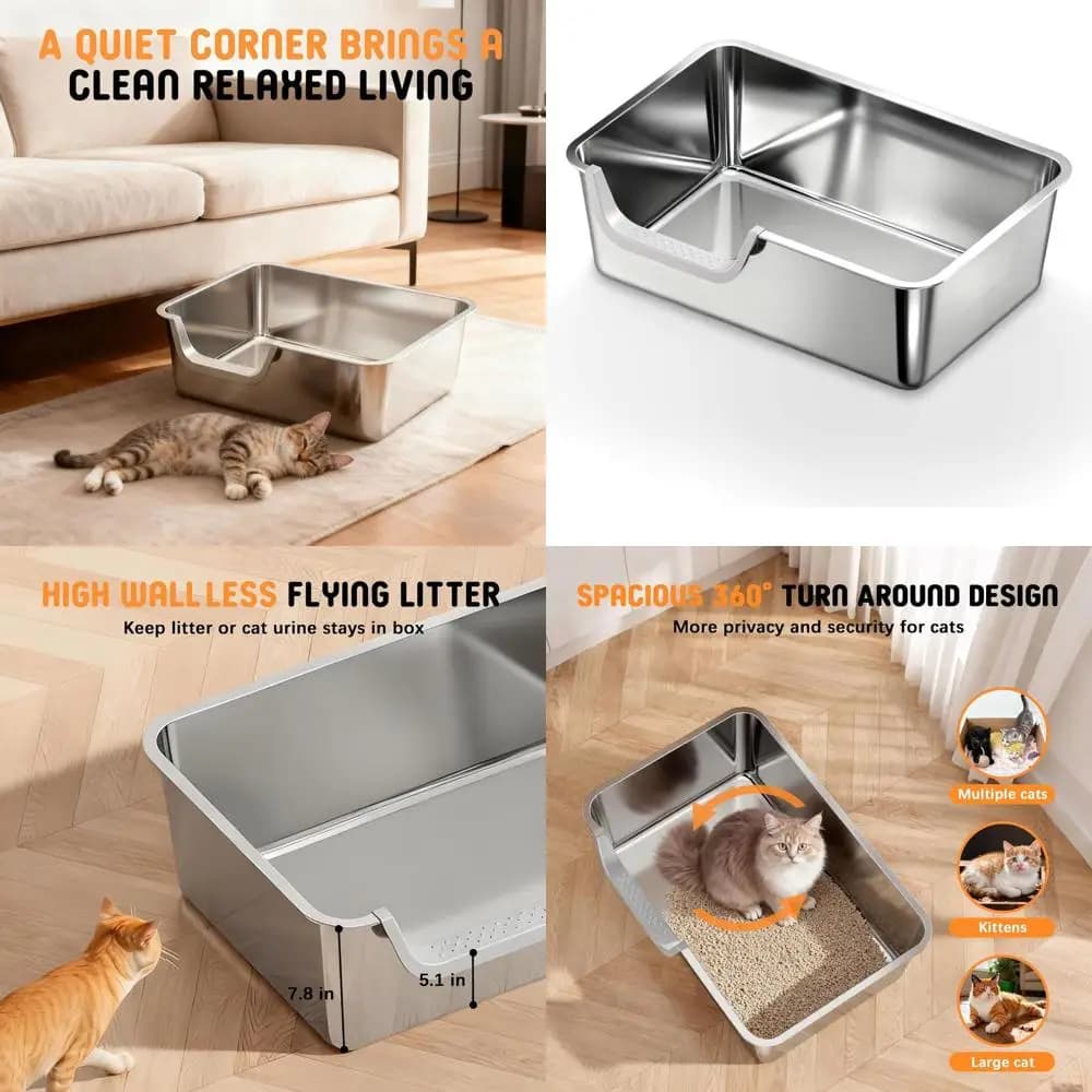 Lettiera Extra Large in Acciaio Inossidabile per Gatti di Taglia Grande, 60 cm L x 40 cm L x 20 cm A, Design Antiaderente e Anti-Perdita