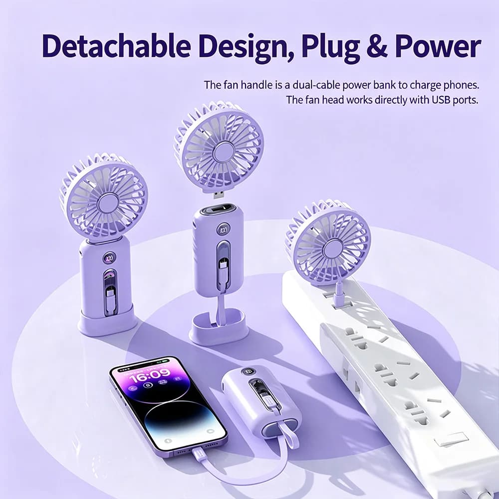 6,000 mAh portable power bank with a detachable mini handheld fan and built-in 10W dual charging cables