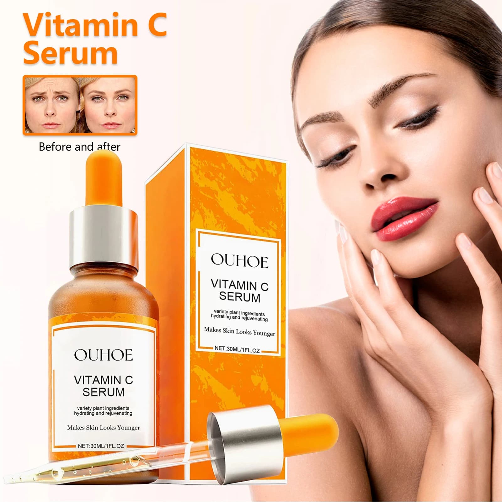 Vitamin C facial serum reduces thin lines and naturally illuminates skin without facial care products with added retinol, jojoba oil