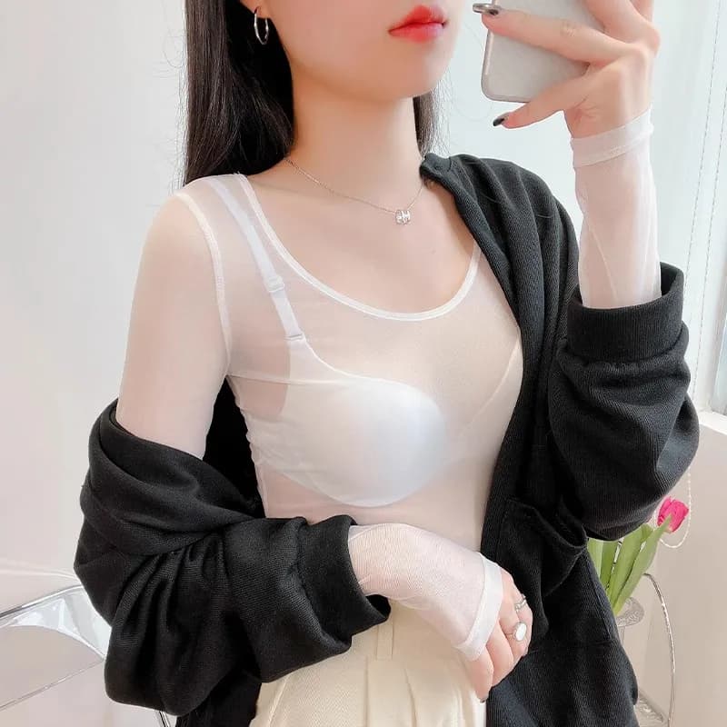 Primavera Autunno 2023 Maglietta in Rete Stile Coreano Slim Fit con Collo Rotondo per Donna, Top in Pizzo Versatile a Maniche Lunghe, T-Shirt per il Lavoro