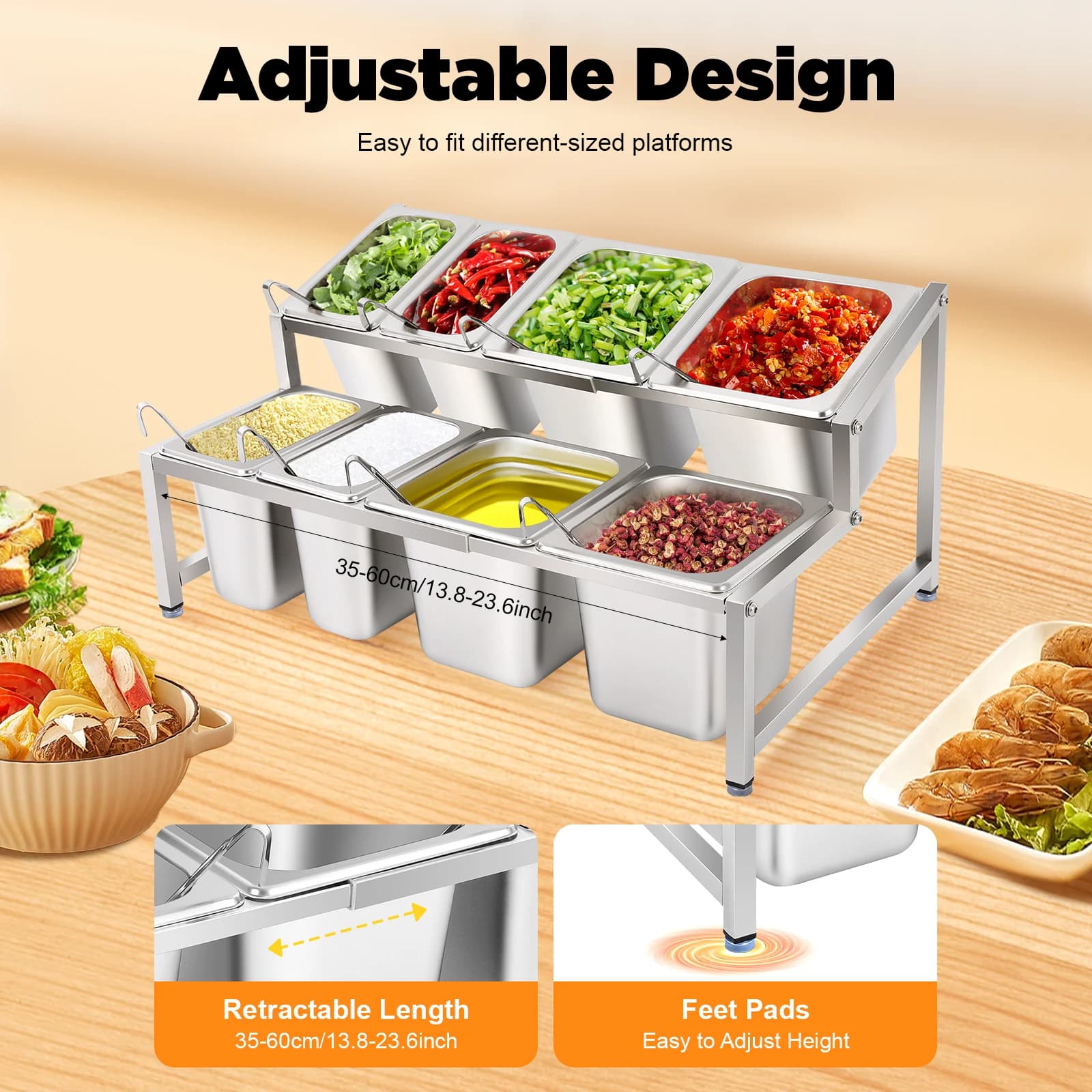 Expandable Stainless Steel Spice Condiment Rack, 8‑Pcs Food Pan Set With Lids & Spoons, 2‑Tier Adjustable Countertop Seasoning Organizer For Commercial Kitchen Restaurant Buffet