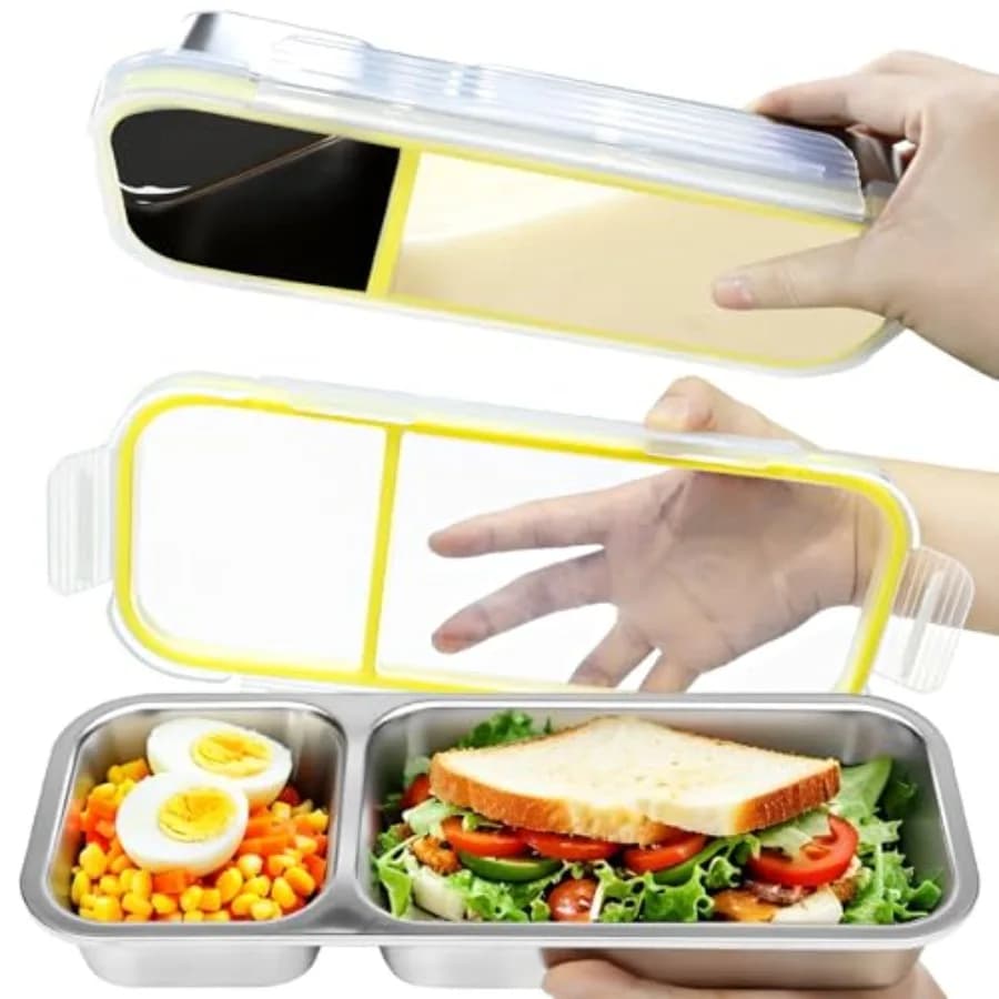 2 Compartment Snack Containers with Lids, Set of 2 Stainless Steel Snackle Box, Leakproof, Airtight, Reusable Bento Box, Food S