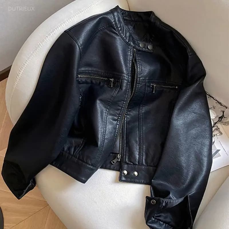 Women's PU Jacket New Autumn Winter Clothing 2025 Long Sleeve Faux Leather Crop Coat Biker Style Casual Personality Y2k Tops