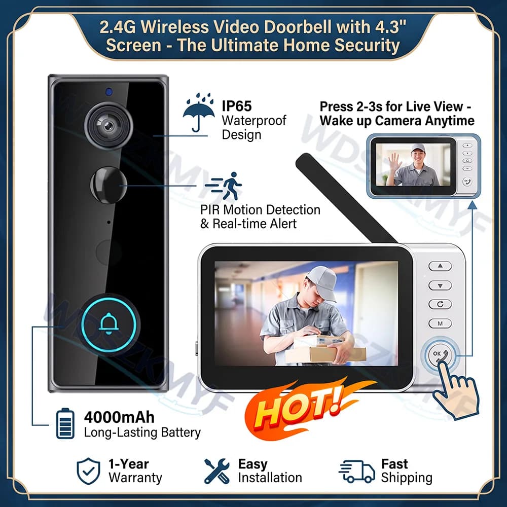 New Smart Wireless Doorbells Video Intercom Camera 4.3inch HD Screen Inteligente Night Vision For Security Home Apartment
