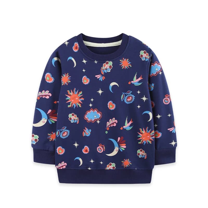 2-7T 100% Cotton Sweatshirts Kids Boy Girl Hoodies Pullover Tops Sun Moon Star Print Long Sleeve Crew Neck Sweatshirt