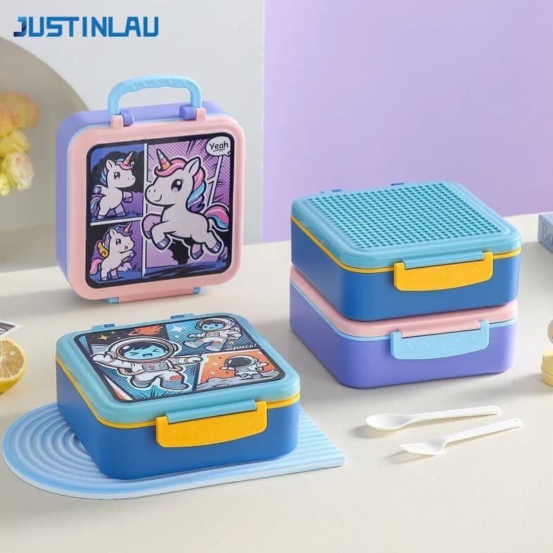JUSTINLAU 3 Grid Cartoon Lunch Box Building Blocks/Anime Bento Box with Fork/Spoon Salad Snack Sealed Food Container for Student