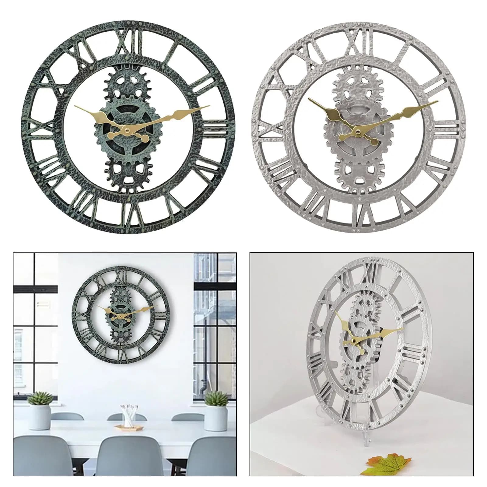 Outdoor Decorative Wall Clock 12 Inch Round Quartz Gear Shaped Silent Punk for Office Decorations, Living Room, Lobby