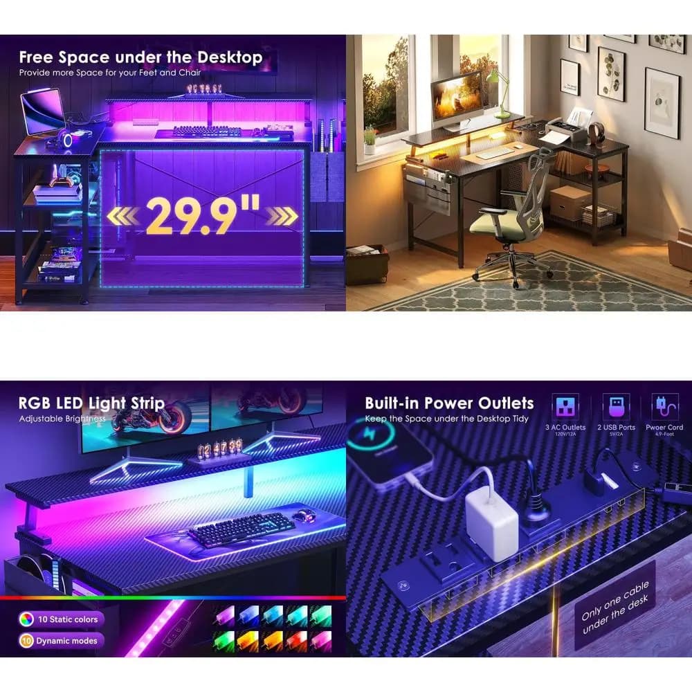 40 Inch Reversible L Gaming Desk with USB Doors, LED Lights, Storage Pads and Monitor Support, Carbon Fiber Surface, Black