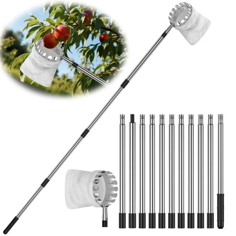 Raccoglitore di Frutta in Acciaio Inossidabile con Cesto, Attrezzo per Frutteto, Asta Telescopica per la Raccolta da Alberi Alti