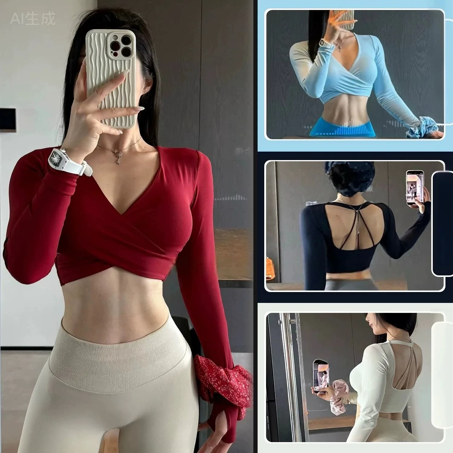 Long-sleeved Yoga Sports Fitness Slim-fitting Short Long-sleeved Pilates Training Clothes Yoga Clothes with Chest Pads Top Shirt
