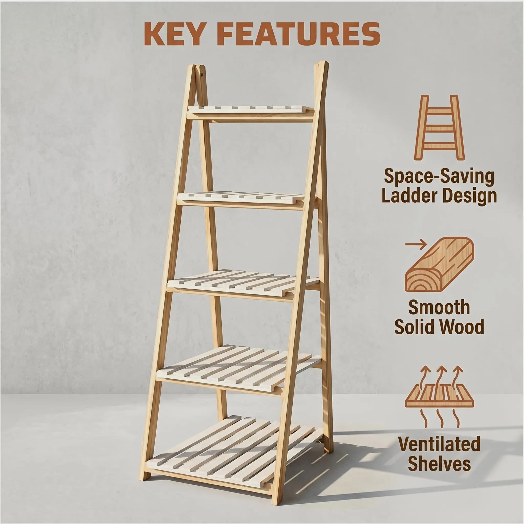 5-Tier Wooden Ladder Shelf – Freestanding Triangle Storage Rack for Indoor & Outdoor Use – Space-Saving Organizer for Balcony, Living Room, Patio, Window Area or Garden