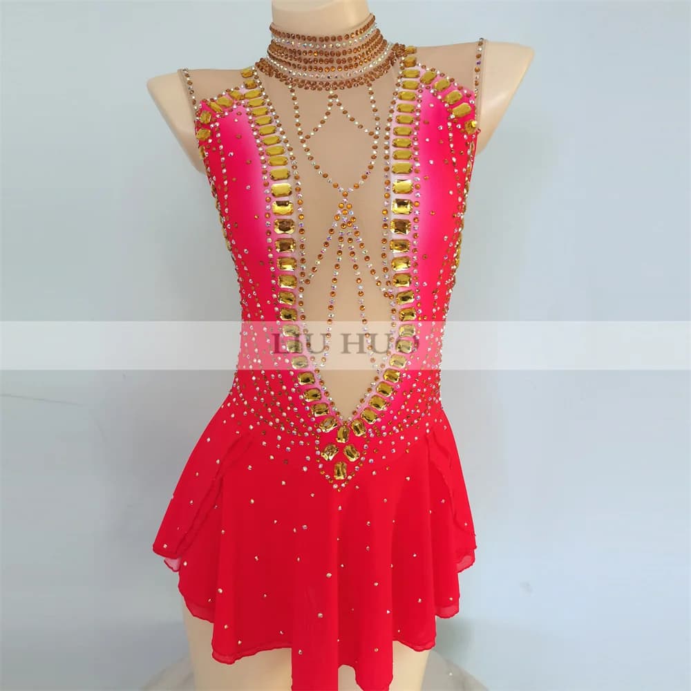 LIUHUO Donna Aldult Girl Personalizza Costume Competizione Performance Body Pattinaggio di Figura sul Ghiaccio Vestito Danza Adolescenti Rosso Senza Maniche