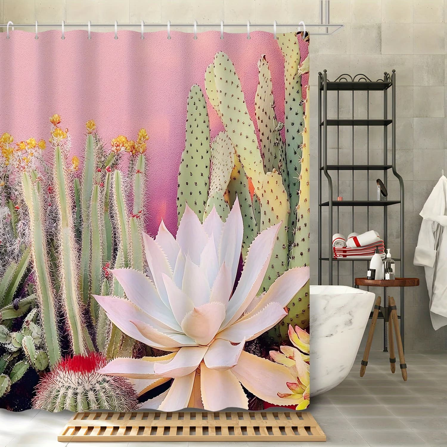 Tenda da doccia con stampa succulenta di fiori di cactus con decorazioni artistiche moderne da 1 pezzo, tessuto in poliestere con 12 ganci, accessorio da bagno