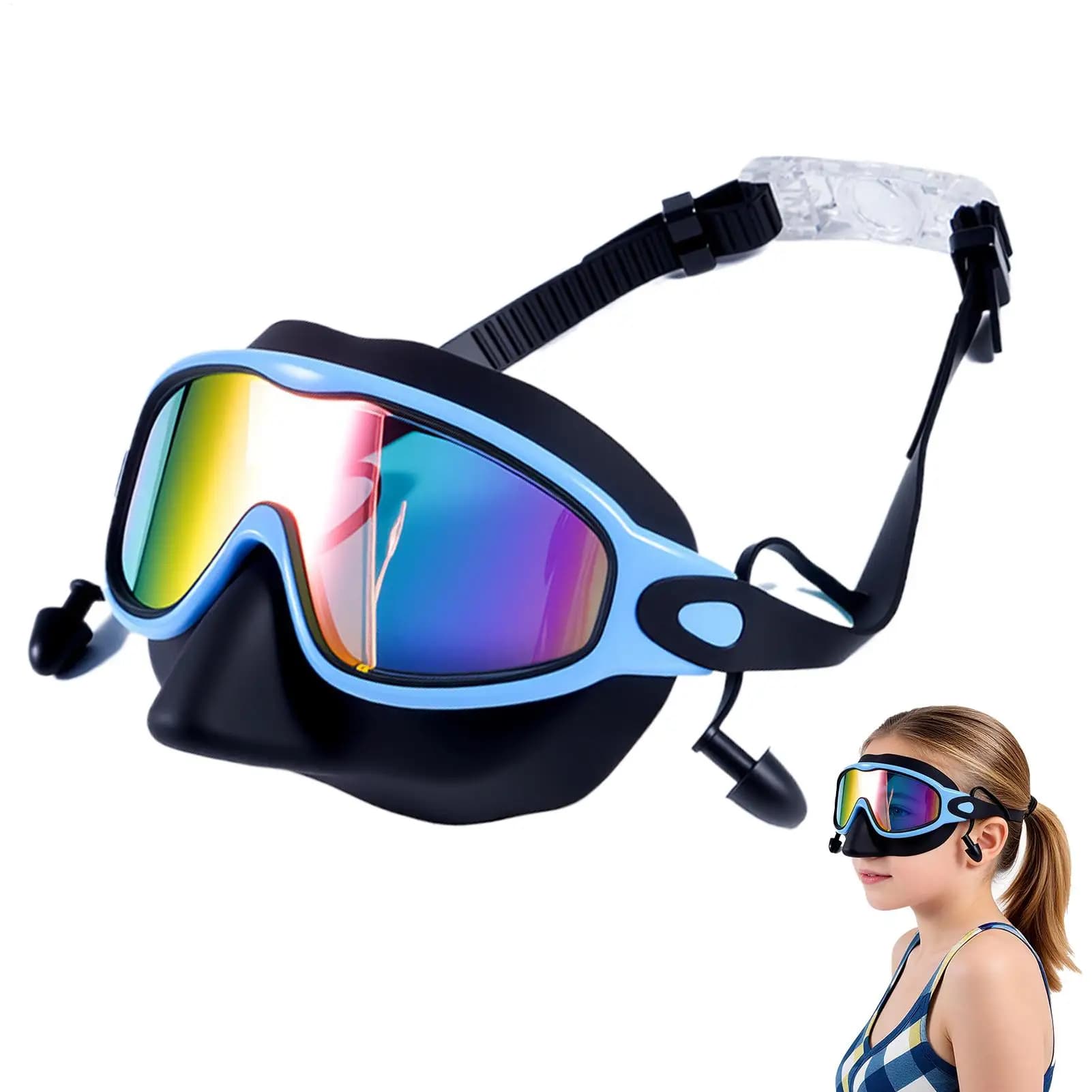 Kids Swim Goggles with Nose Cover & Earplugs UV Protection Waterproof High-Definition Wide View Swimming Mask