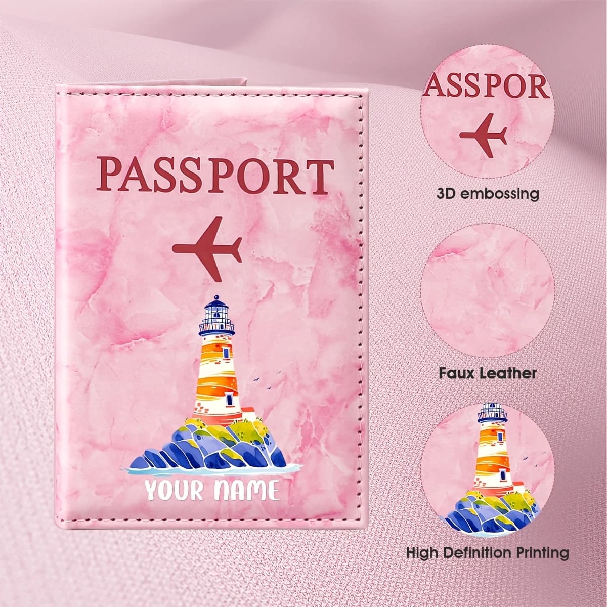 Personalized Watercolor Style Lighthouse Illustration PU Passport Holder, Featuring Blue Ocean And Orange Lighthouse Elements