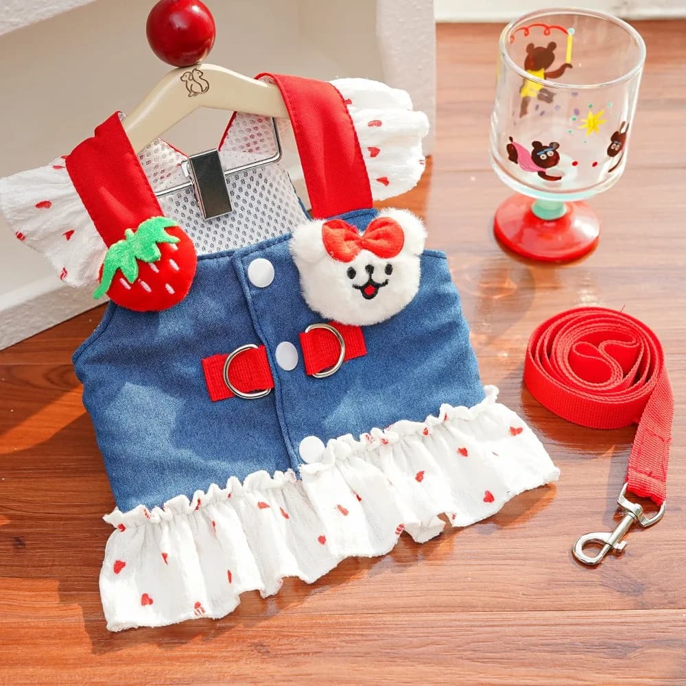 Cute Dog Harness Dress with Leash Pink Strawberry Denim Puppy Princess Skirt Heart Print Comfortable Pet Dress For Small Dog Cat