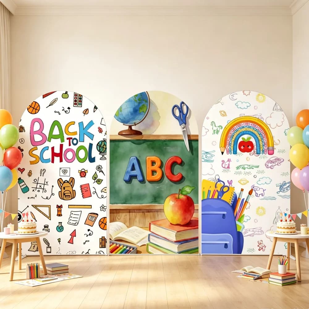 Welcome Back To School Backdrop Arch Single Side Chalkboard Books Pencil Apple Backpack Letters Kids Portrait Decor Banner Props