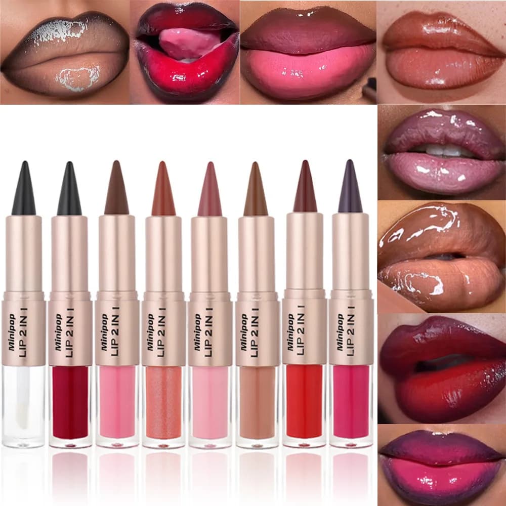 2IN1 Tapered Gradient Lipliner Pen Nude Brown Mirror Glass Lip Gloss Matte Liner Waterproof Lipliner Water Mirror Moisturizing