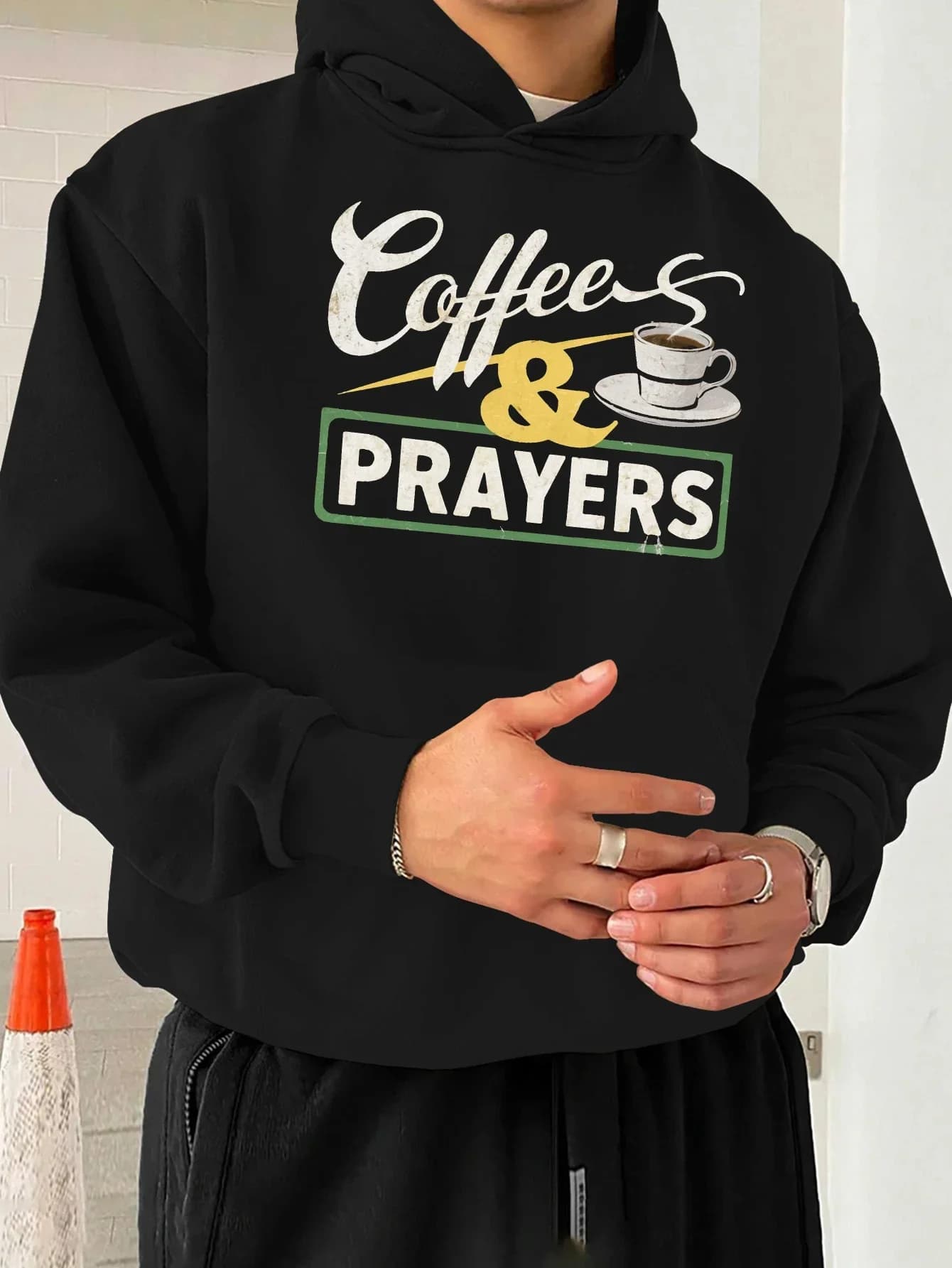 Unisex Hoodie Coffee & Prayers Vintage Distressed Letter Coffee Cup Graphic Front Print Pullover Hooded Sweatshirt Faith Casual