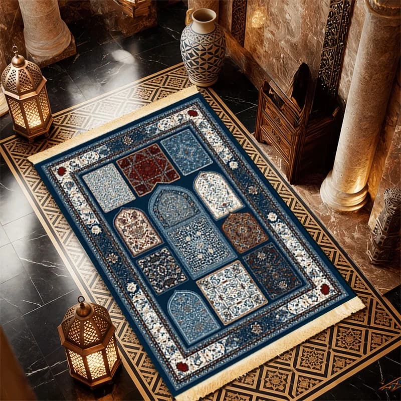 Tappetino da Preghiera Musulmano VIKAMA Blu Stile Palazzo di Lusso, Comodamente Morbido e Caldo, Adatto per Pellegrinaggi e Preghiere Religiose