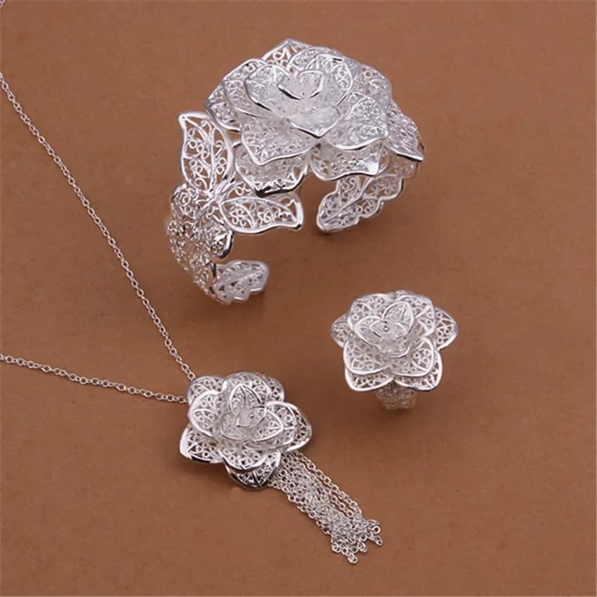 925 Sterling Silver big flower Pendant bangle rings bracelet necklaces Jewelry set for women fashion party wedding accessories